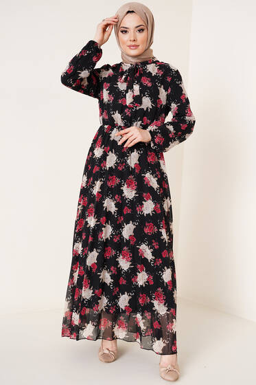 Yakası Kuşaklı Çiçek Desenli Elbise Siyah - Tesettür Elbise