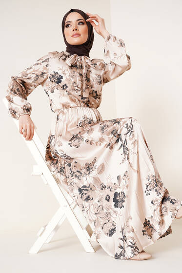 Yakası Kuşaklı Saten Elbise Bej - Tesettür Elbise
