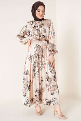 Yakası Kuşaklı Saten Elbise Bej - Tesettür Elbise