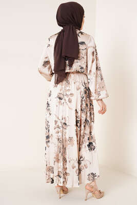 Yakası Kuşaklı Saten Elbise Bej - Tesettür Elbise