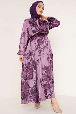 Yakası Kuşaklı Saten Elbise Magenta - HBS