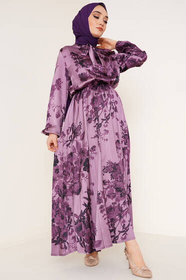 Yakası Kuşaklı Saten Elbise Magenta - Tesettür Elbise