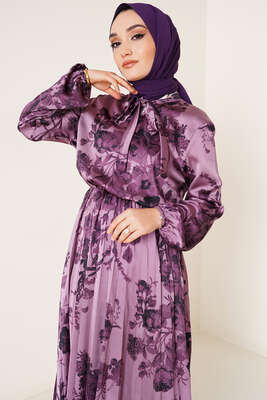 Yakası Kuşaklı Saten Elbise Magenta - Tesettür Elbise