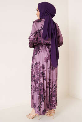 Yakası Kuşaklı Saten Elbise Magenta - Tesettür Elbise