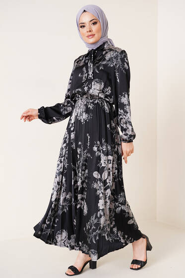 Yakası Kuşaklı Saten Elbise Siyah - Tesettür Elbise