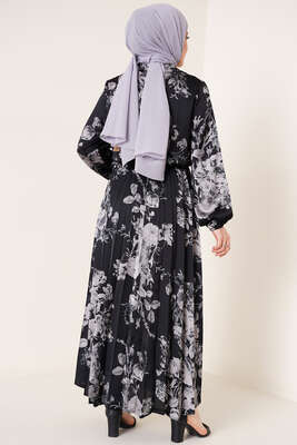 Yakası Kuşaklı Saten Elbise Siyah - Tesettür Elbise