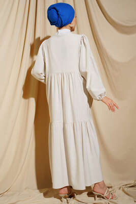 Yakası Nakış İşlemeli Keten Elbise Saks - Tesettür Elbise