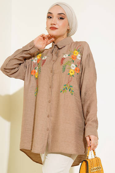 Yakası Nakışlı Taşlı Tunik Latte - Tunik