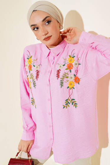 Yakası Nakışlı Taşlı Tunik Pembe - Tunik