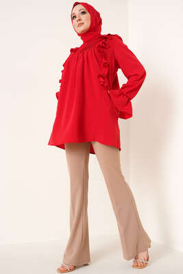 Yakası Nervürlü Tunik Kırmızı - Tunik