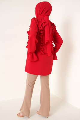 Yakası Nervürlü Tunik Kırmızı - Tunik