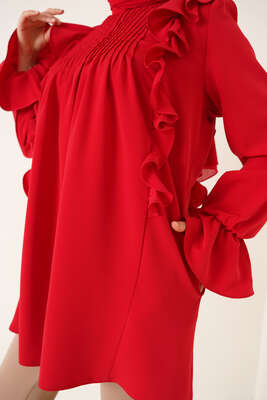 Yakası Nervürlü Tunik Kırmızı - Tunik