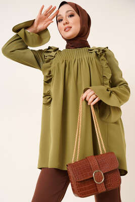 Yakası Nervürlü Tunik Yağ Yeşili - MISRA