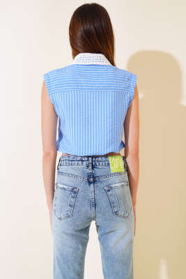 Yakası Örme Çizgili Gömlek Mavi - Kadın Giyim Modelleri