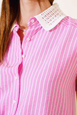 Yakası Örme Çizgili Gömlek Pembe - Kadın Giyim Modelleri