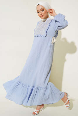 Yakası Örme Önlük Detaylı Elbise Lila - Thumbnail