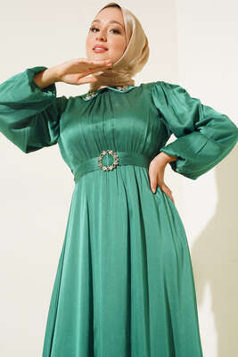 Yakası Parlak Taş Detaylı Elbise Zümrüt - Thumbnail