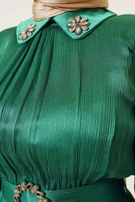 Yakası Parlak Taş Detaylı Elbise Zümrüt - Thumbnail