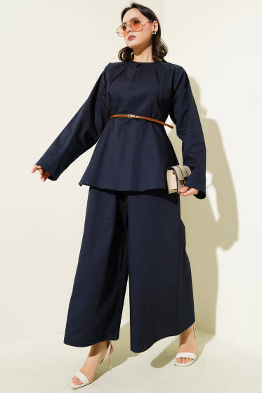 Yakası Pensli Kemerli Poplin İkili Takım Lacivert - İkili Takım