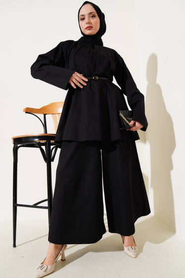 Yakası Pensli Kemerli Poplin İkili Takım Siyah - İkili Takım