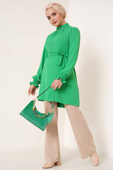 Yakası Pırlanta Taşlı Tunik Yeşil - Tunik