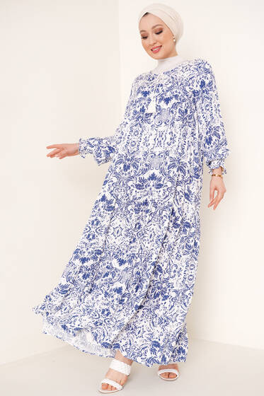 Yakası Püskül İp Bağlamalı Desenli Elbise İndigo - Tesettür Elbise