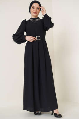 Yakası Püskül Taş Süslemeli Elbise Siyah - Thumbnail