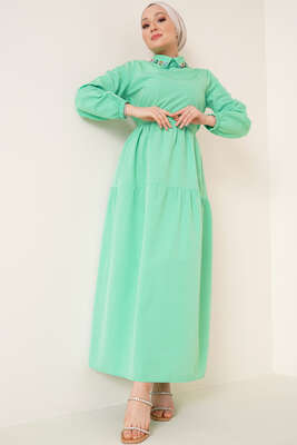 Yakası Renkli Taş Süslemeli Elbise Yeşil - Thumbnail