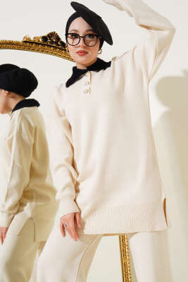 Yakası Sakallı Triko İkili Takım Bej - Triko İkili Takım