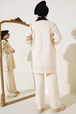 Yakası Sakallı Triko İkili Takım Bej - Triko İkili Takım