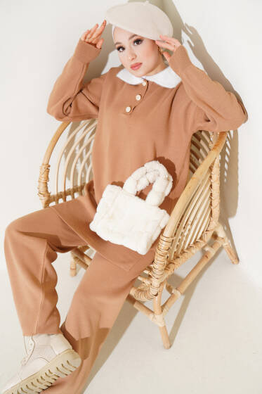 Yakası Sakallı Triko İkili Takım Bisküvi - Triko