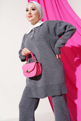 Yakası Sakallı Triko İkili Takım Füme - Triko İkili Takım