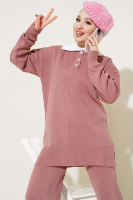 Yakası Sakallı Triko İkili Takım Gül Kurusu 