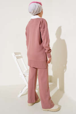 Yakası Sakallı Triko İkili Takım Gül Kurusu - Triko İkili Takım