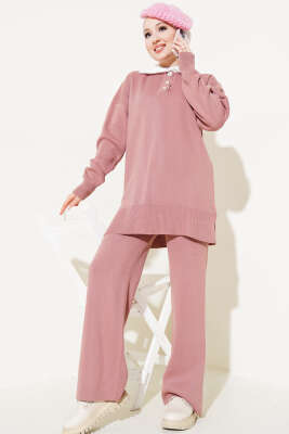 Yakası Sakallı Triko İkili Takım Gül Kurusu - Triko İkili Takım