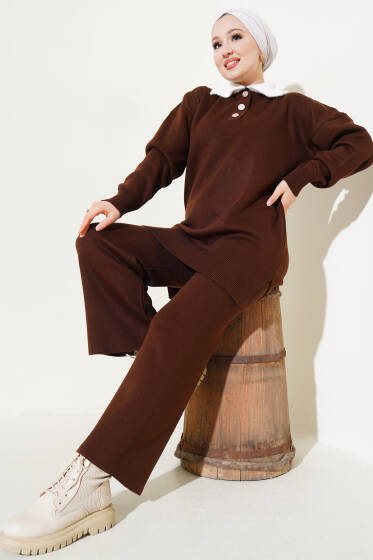 Yakası Sakallı Triko İkili Takım Kahve - İkili Takım