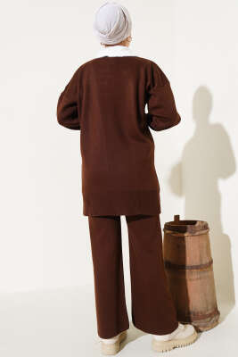 Yakası Sakallı Triko İkili Takım Kahve - Triko İkili Takım