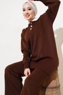 Yakası Sakallı Triko İkili Takım Kahve - Triko İkili Takım