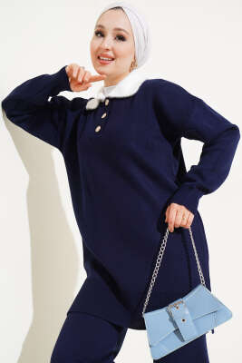 Yakası Sakallı Triko İkili Takım Lacivert - Triko İkili Takım