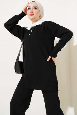 Yakası Sakallı Triko İkili Takım Siyah - Triko İkili Takım
