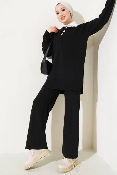 Yakası Sakallı Triko İkili Takım Siyah - Triko
