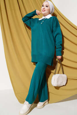 Yakası Sakallı Triko İkili Takım Zümrüt - İKİLİ TAKIM