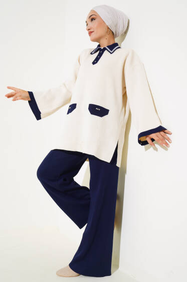 Yakası Simli Triko İkili Takım Bej Lacivert - İkili Takım
