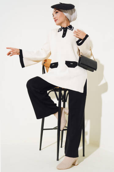 Yakası Simli Triko İkili Takım Bej Siyah - İkili Takım