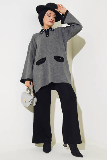 Yakası Simli Triko İkili Takım Füme - İkili Takım