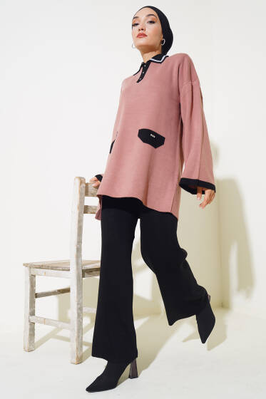 Yakası Simli Triko İkili Takım Gül Kurusu - İkili Takım