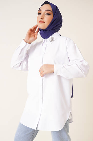 Yakası Taş Detaylı Gömlek Beyaz - Gömlek