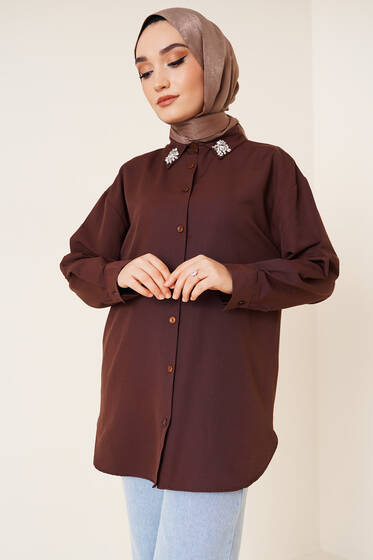 Yakası Taş Detaylı Gömlek Kahve - Gömlek