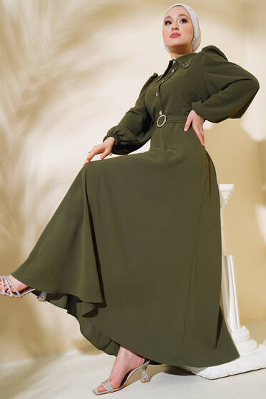 Yakası Taş Süslemeli Elbise Haki - Elbise