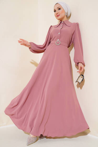 Yakası Taş Süslemeli Elbise Pudra - Elbise